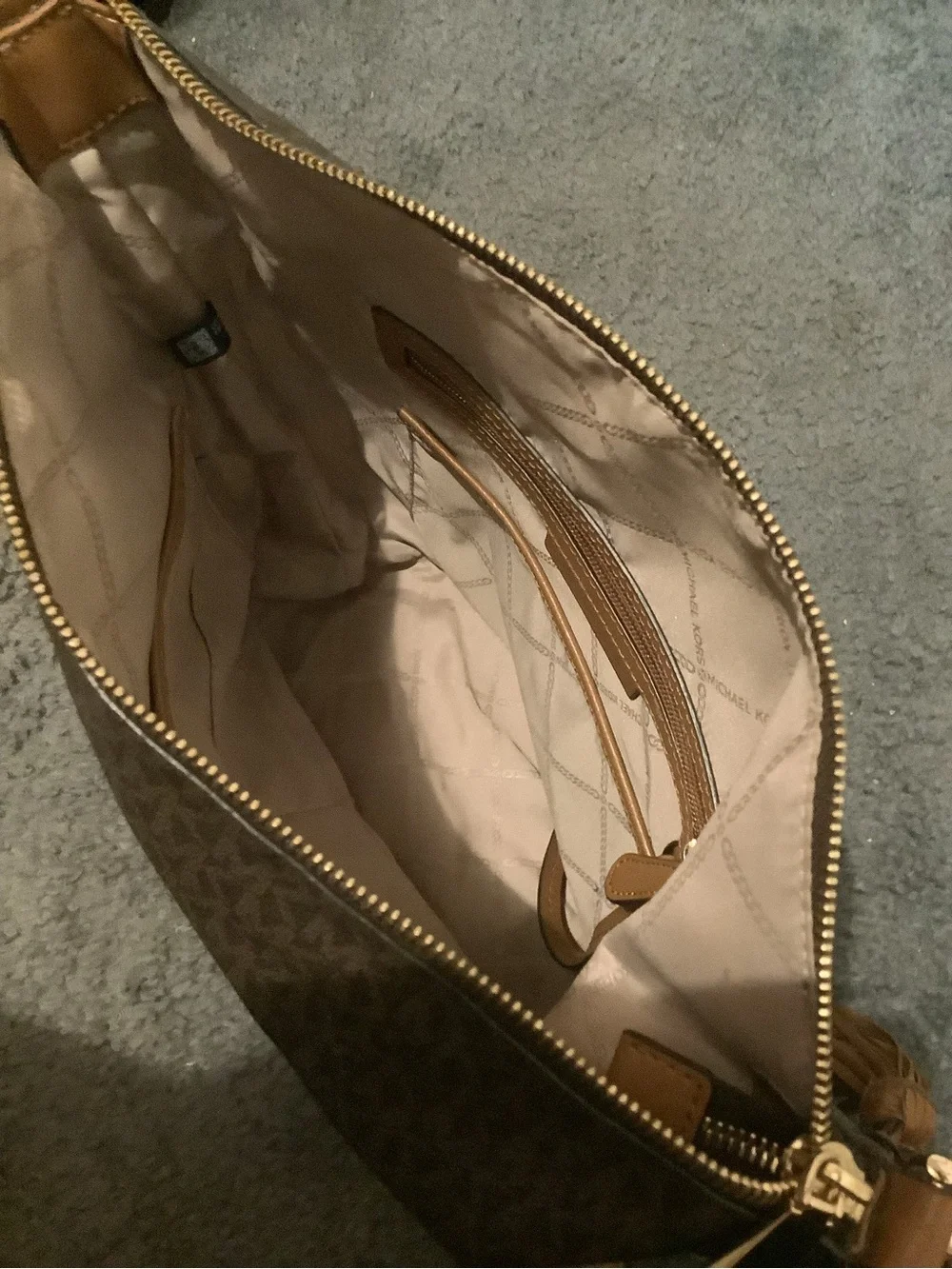 Michael Kors Brown Logo Crossbody with Tan Strap and Tassel